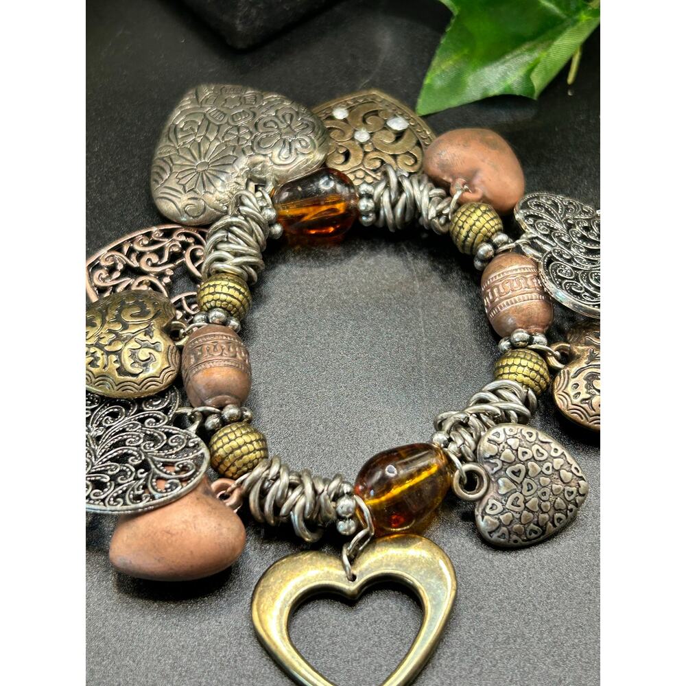 Hearts Vintage Chunky Multi-Charm Heart Bracelet - Earthy Tones & Mixed Metals